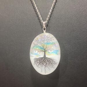 Elegant Silver Fused Glass Tree of Life Pendant Necklace